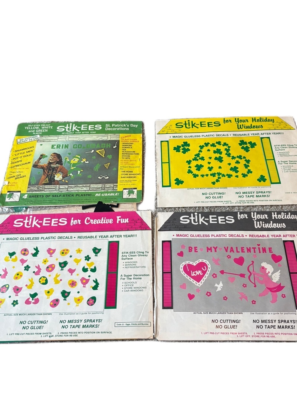 Vintage Stik-Ees Holiday Window Decal Sets St. Patrick’s Valentine’s Day Easter